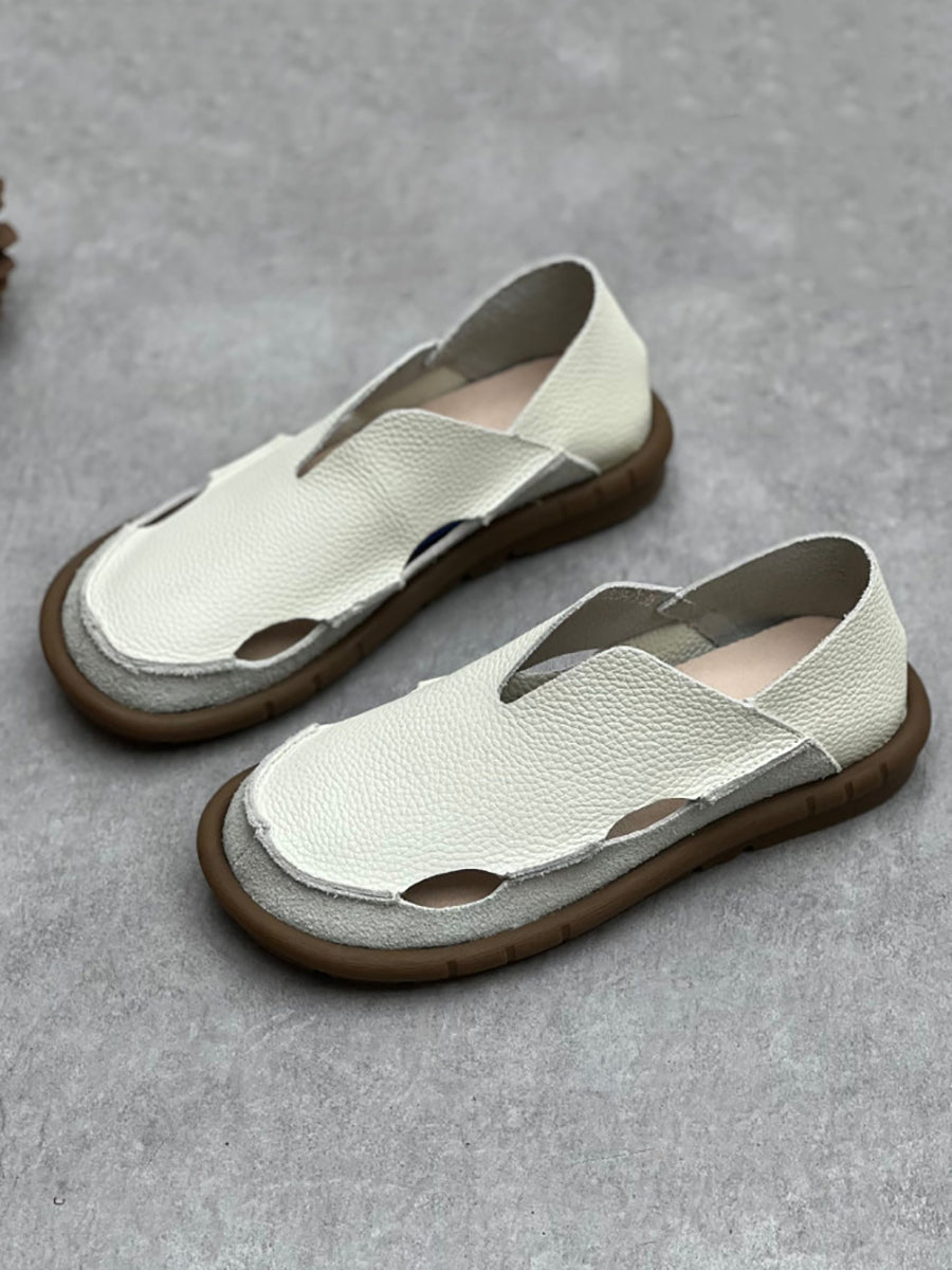 Scarpe piatte traforate in pelle solida estiva retrò da donna