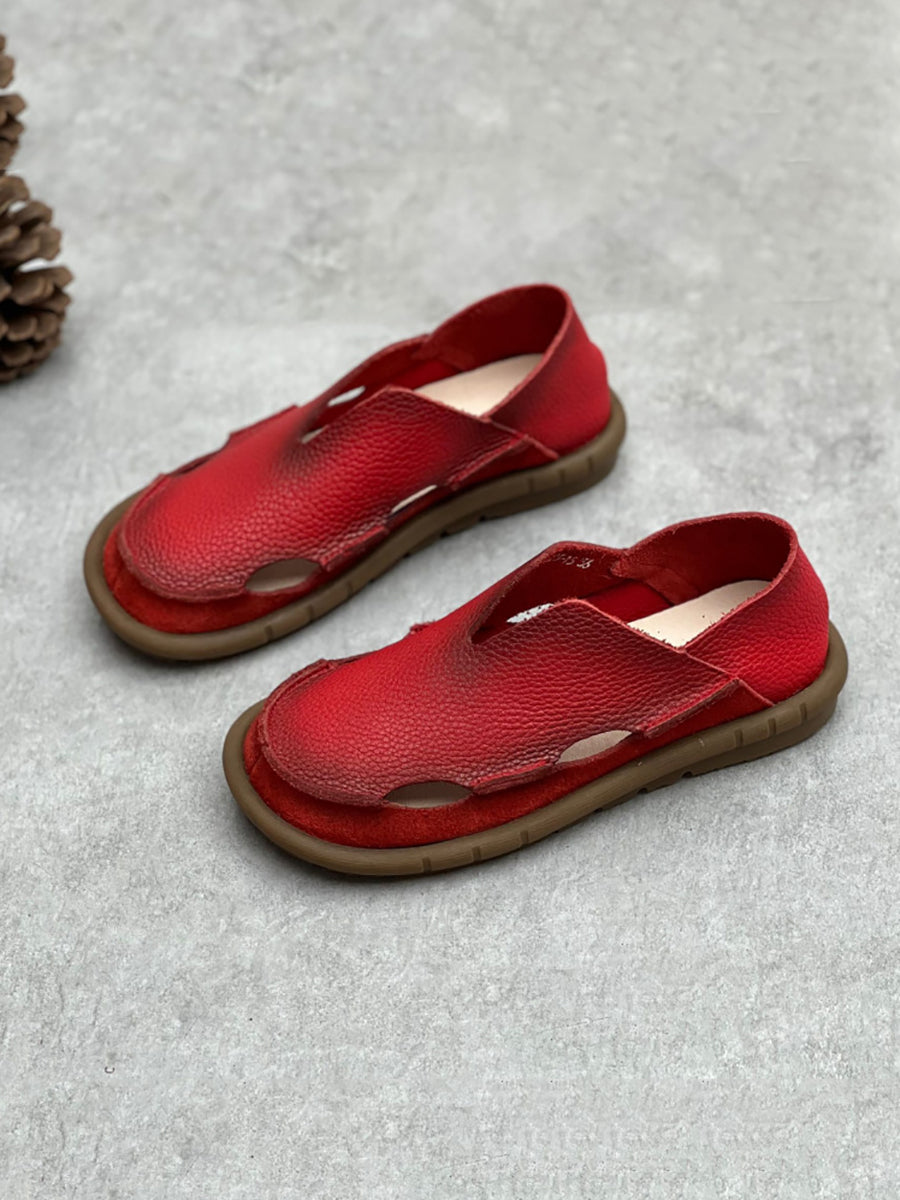 Scarpe piatte traforate in pelle solida estiva retrò da donna