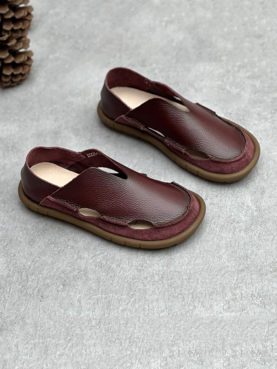 Scarpe piatte traforate in pelle solida estiva retrò da donna