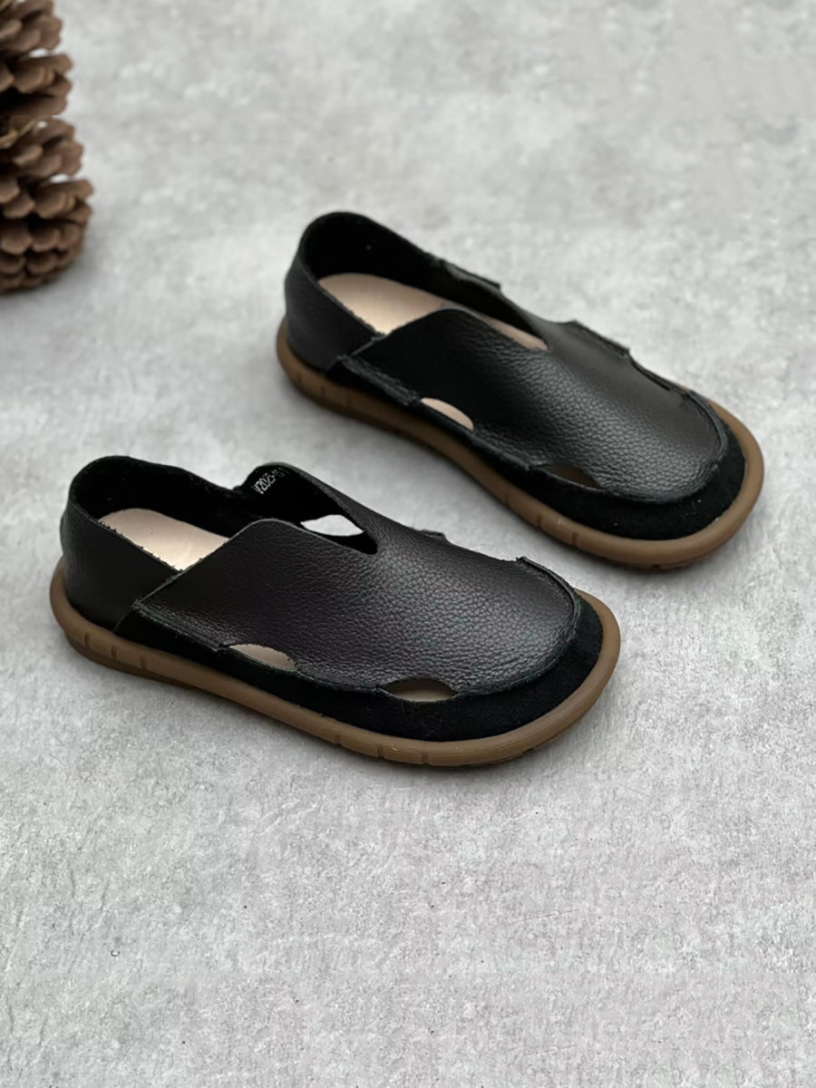 Scarpe piatte traforate in pelle solida estiva retrò da donna