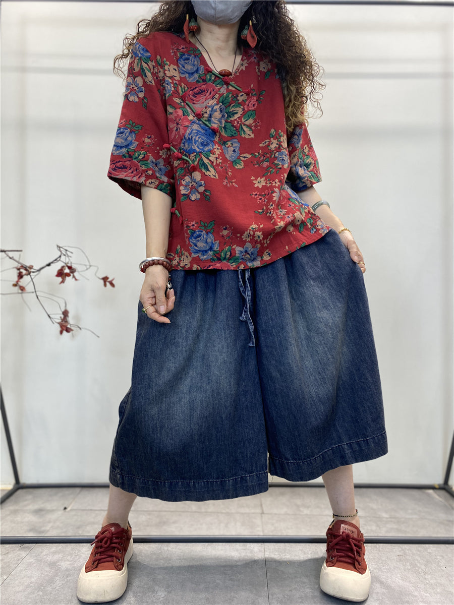 Camicia da donna estiva retrò con fiori in cotone largo