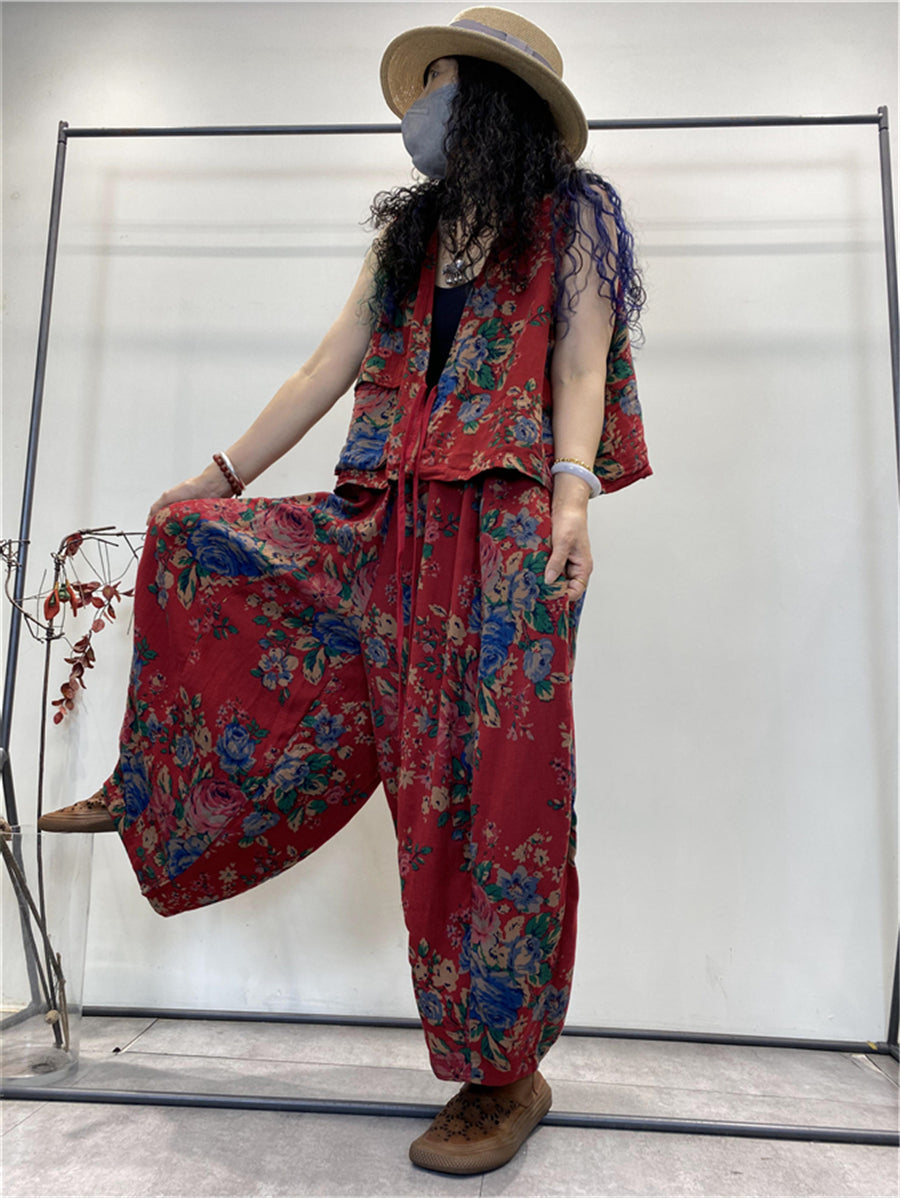 Gilet da donna in cotone con tasca floreale vintage estivo