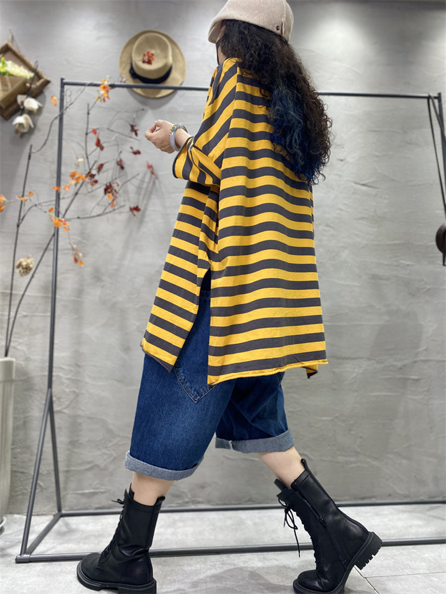 Camicia casual da donna a righe con orlo diviso e scollo a V