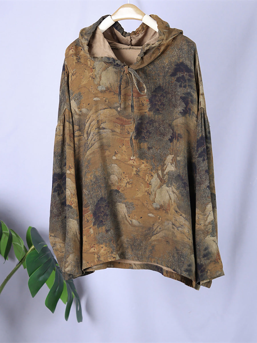 Felpa con cappuccio primaverile con stampa vintage da donna