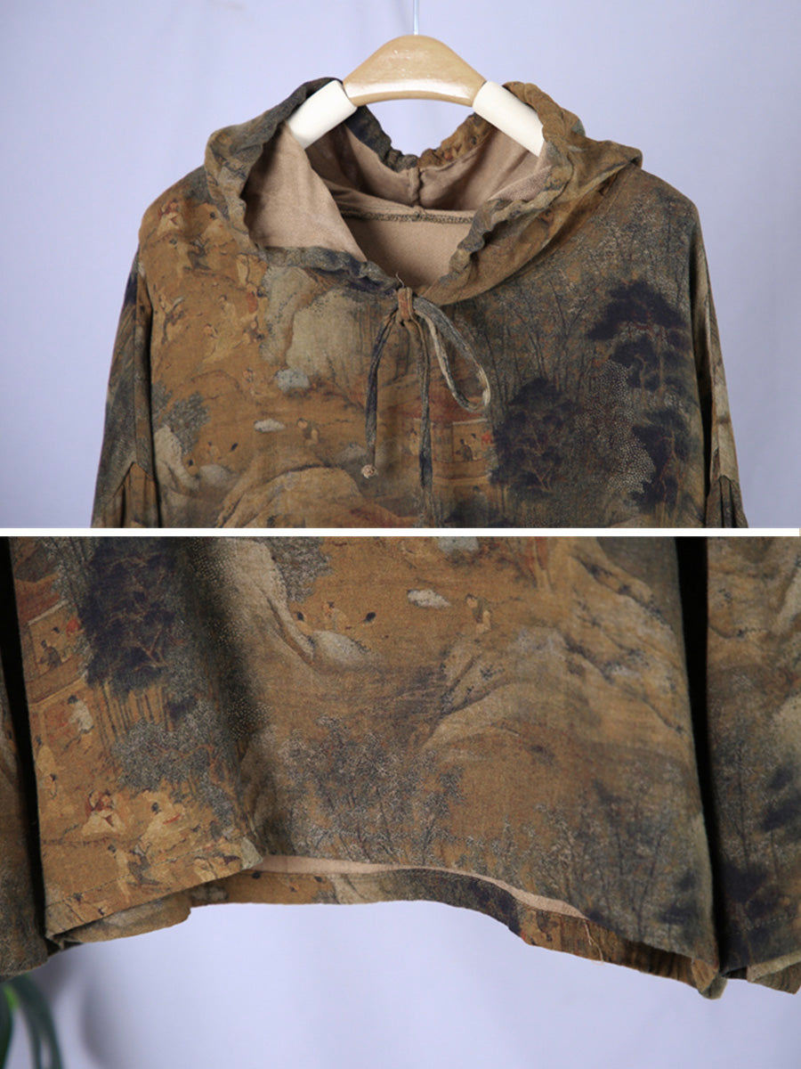 Felpa con cappuccio primaverile con stampa vintage da donna