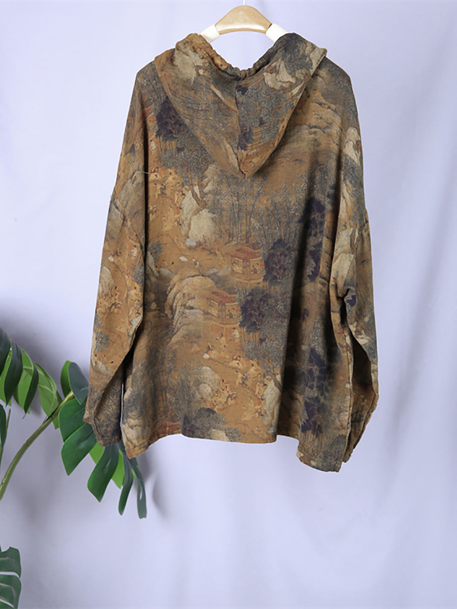 Felpa con cappuccio primaverile con stampa vintage da donna