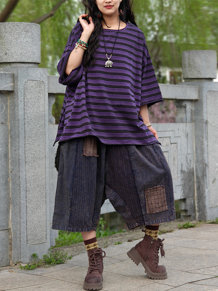 Camicia casual estiva a righe in cotone da donna