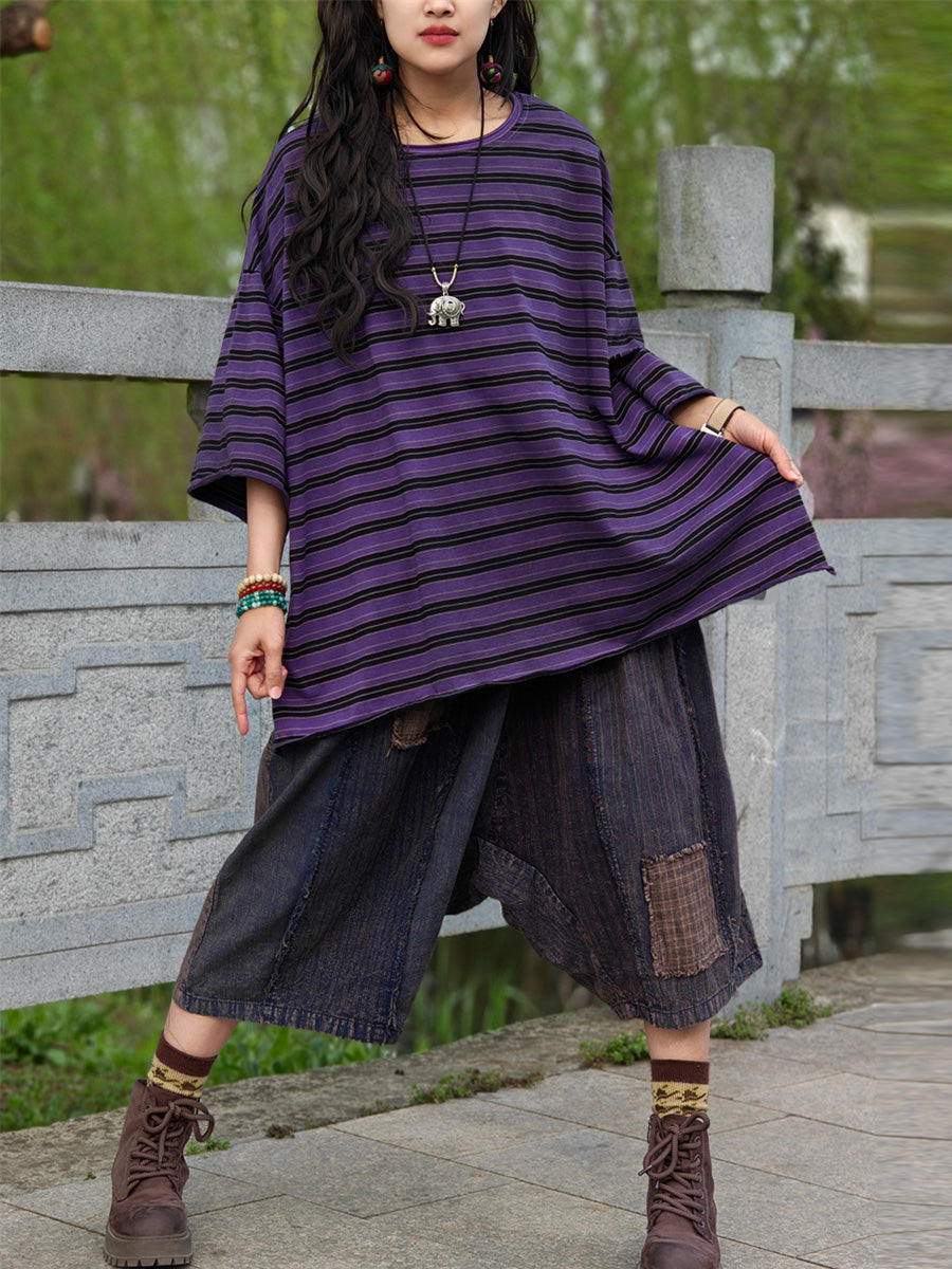 Camicia casual estiva a righe in cotone da donna