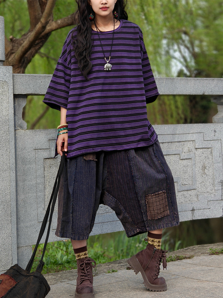 Camicia casual estiva a righe in cotone da donna