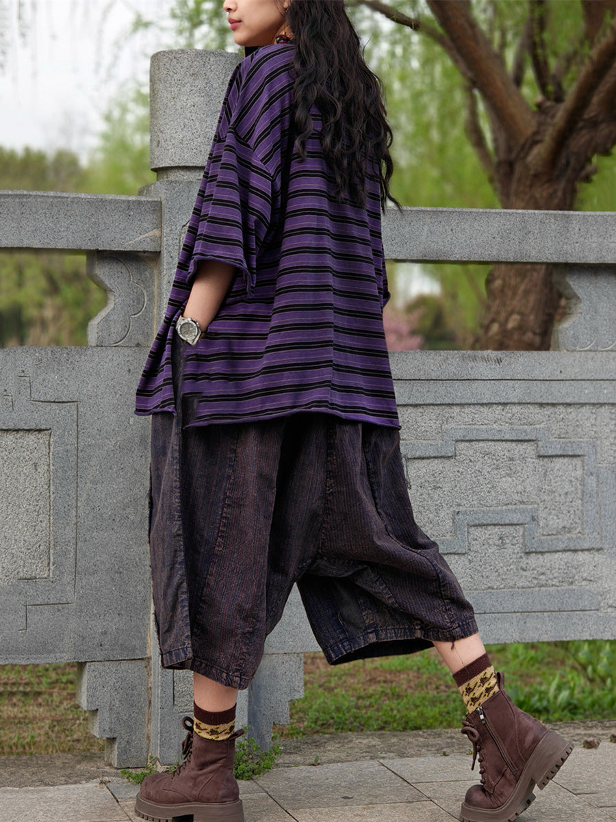 Camicia casual estiva a righe in cotone da donna