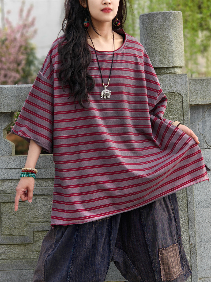 Camicia casual estiva a righe in cotone da donna