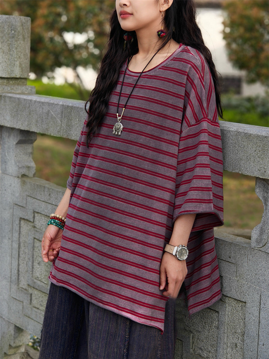Camicia casual estiva a righe in cotone da donna