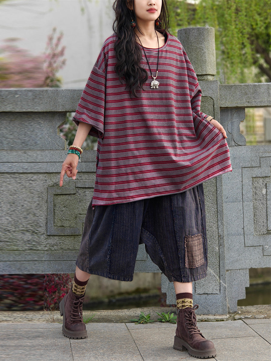 Camicia casual estiva a righe in cotone da donna