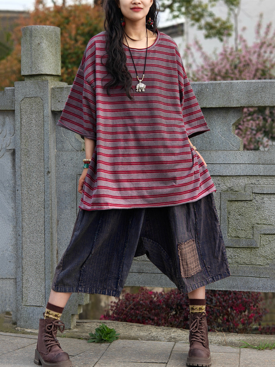 Camicia casual estiva a righe in cotone da donna