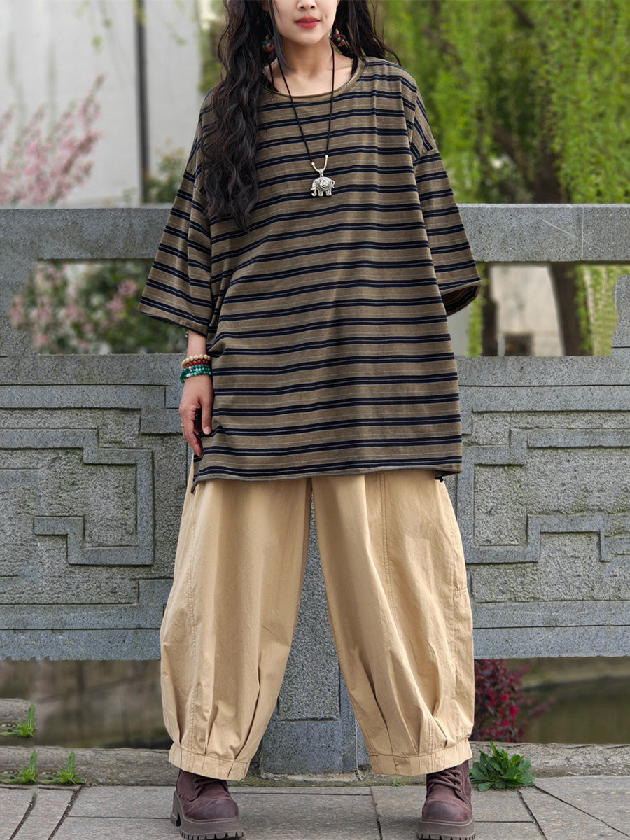 Camicia casual estiva a righe in cotone da donna