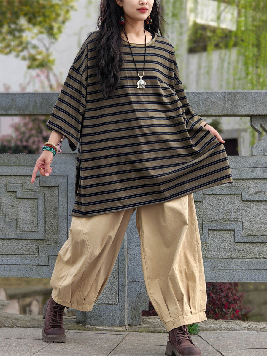 Camicia casual estiva a righe in cotone da donna