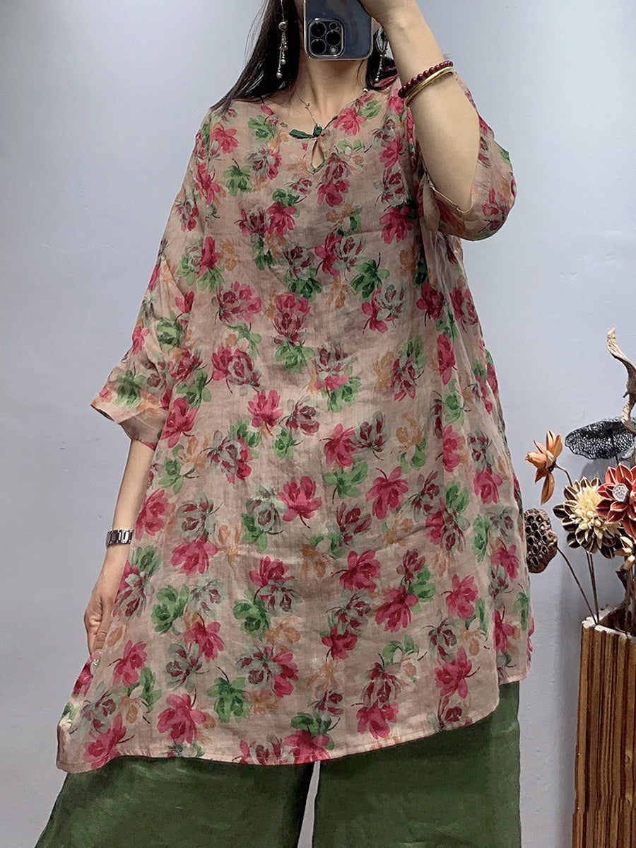 Camicia da donna vintage con fiori estivi in ramiè