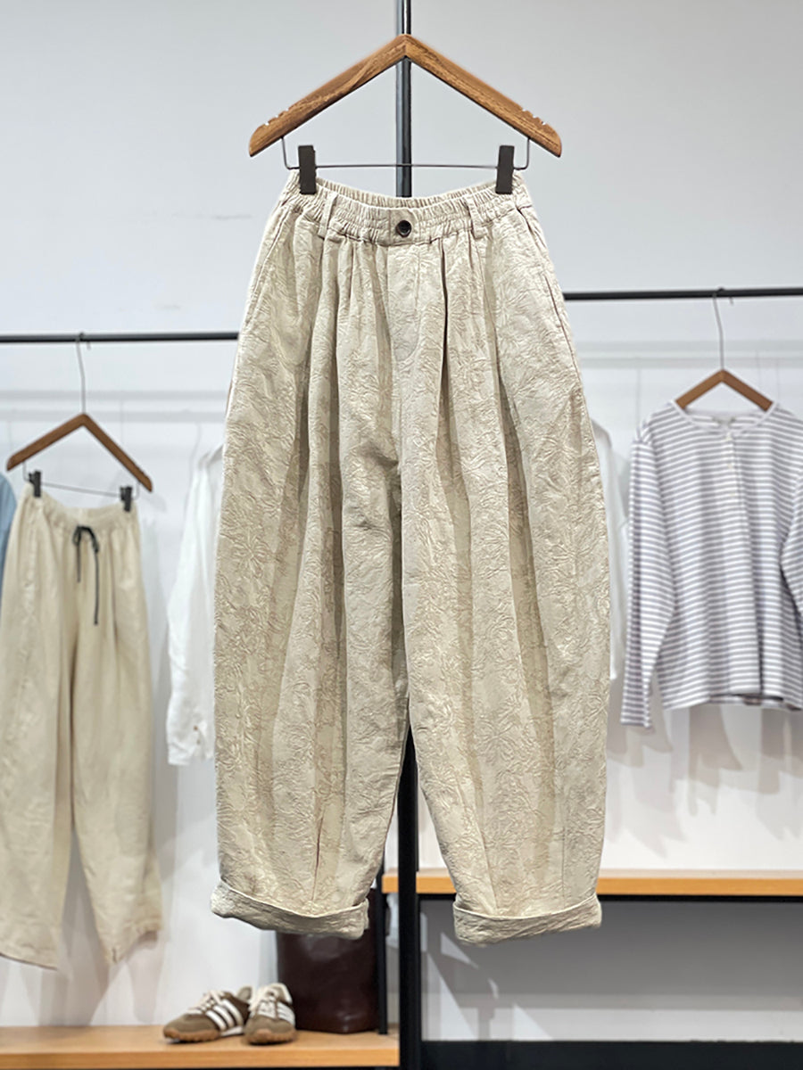 Pantaloni larghi da donna in jacquard con fiori vintage