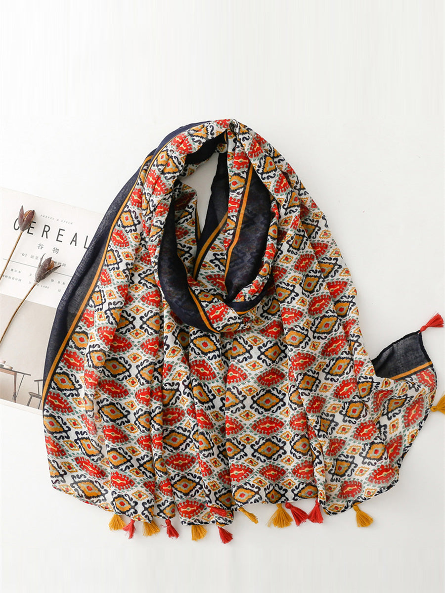 Sciarpa scialle con nappe e stampa etnica da donna