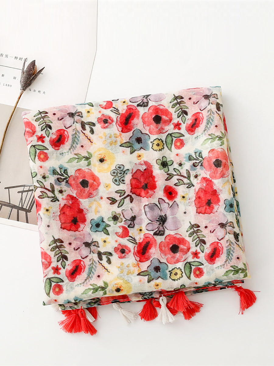 Sciarpa scialle con nappe e fiori artistici da viaggio per donna