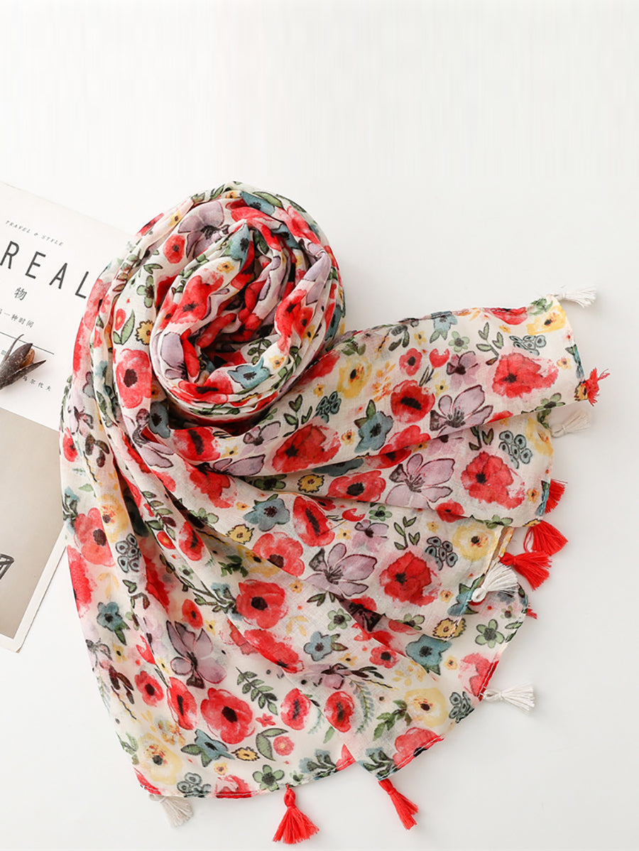 Sciarpa scialle con nappe e fiori artistici da viaggio per donna