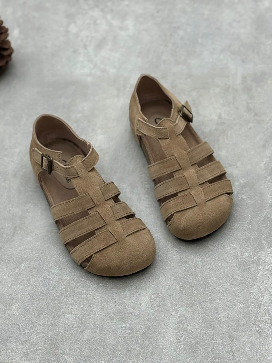 Sandali piatti in pelle con giunzioni casual estivi da donna