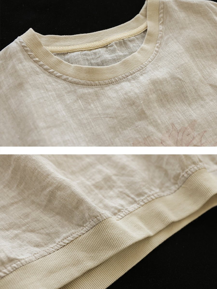Maglietta a maniche corte con fiori estivi casual in lino da donna