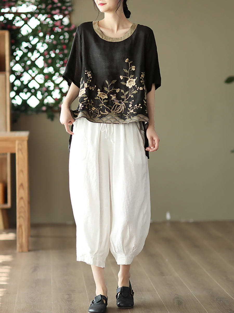 Maglietta primaverile casual da donna con ricamo Ramie