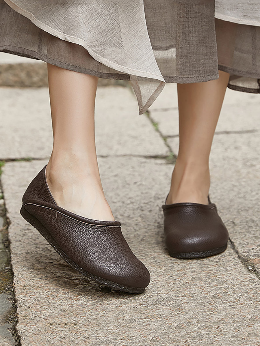 Scarpe piatte estive casual in pelle solida con giunzioni da donna