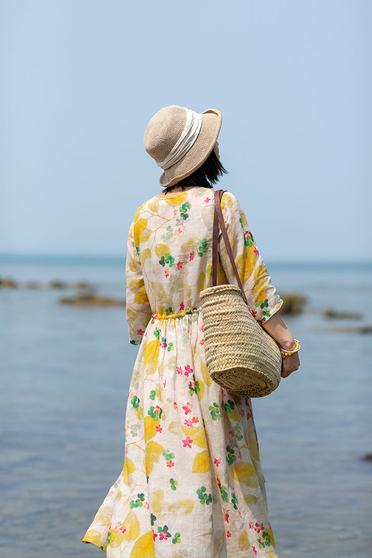 Abito da donna in ramiè con scollo a V e motivo floreale Prairie Chic estivo