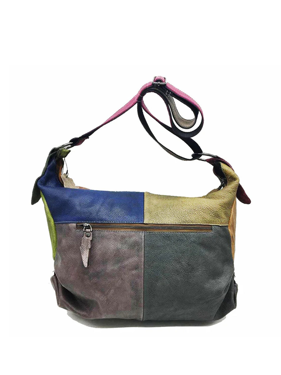 Buykud - Borsa a tracolla in pelle con colori a contrasto retrò