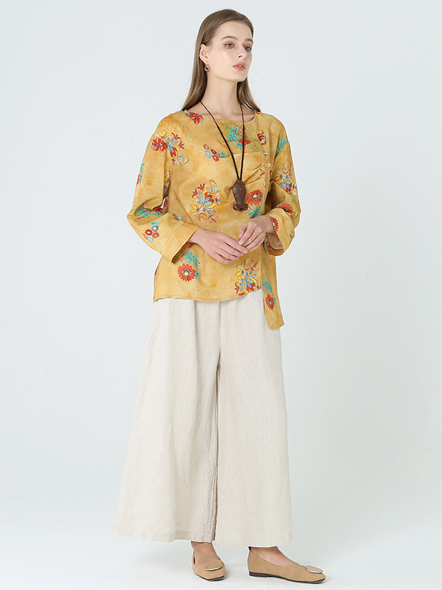 Maglietta da donna in lino con maniche lunghe e stampe floreali M2XL