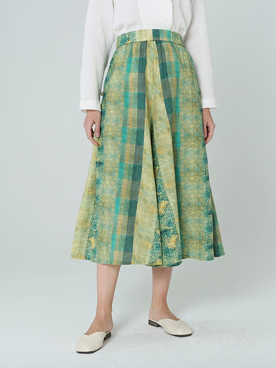 Pantaloni verdi larghi a quadri con elastico in vita da donna M2XL