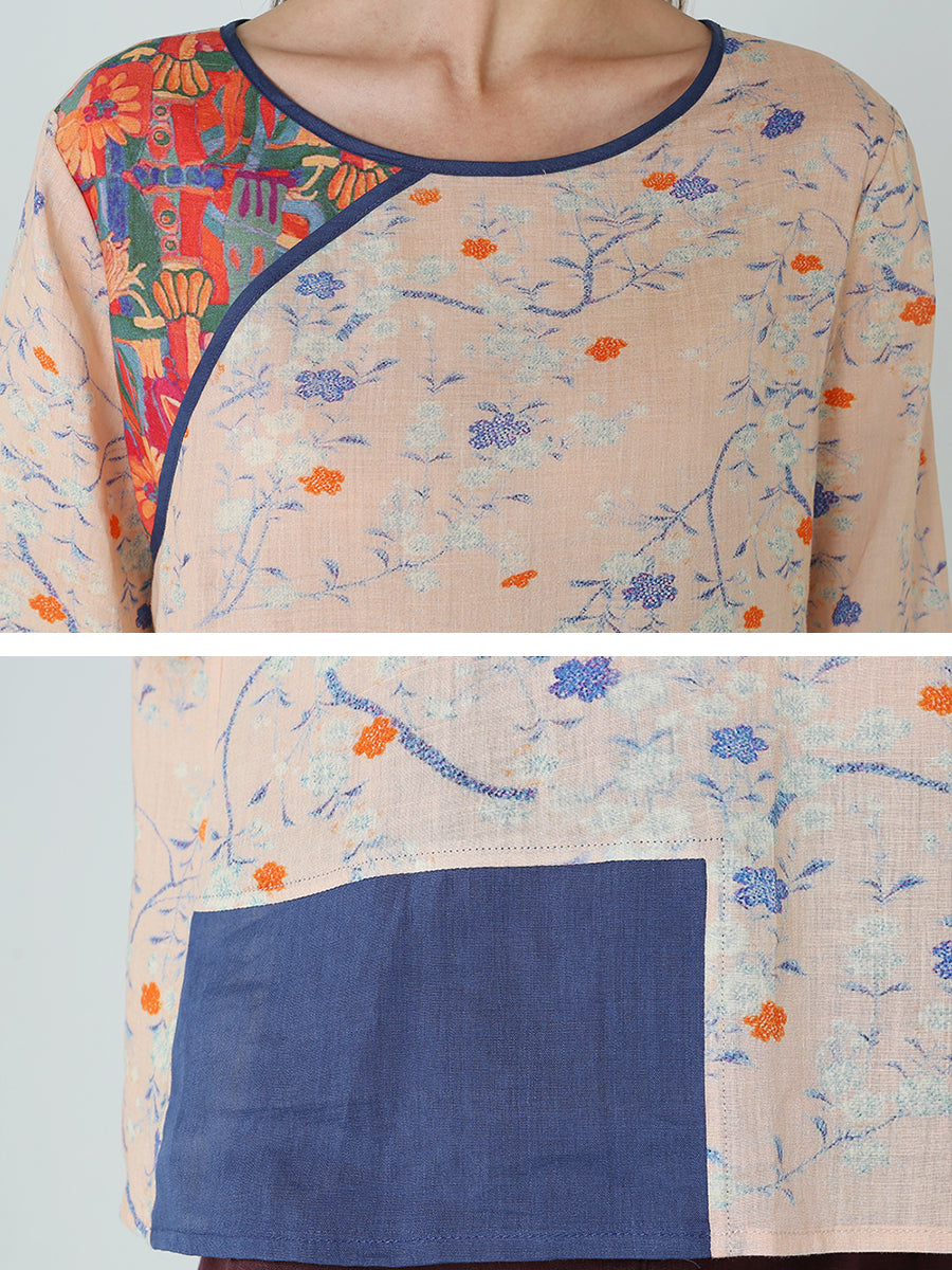 Maglietta da donna con stampa floreale, spalle cadenti, patchwork primaverile M2XL