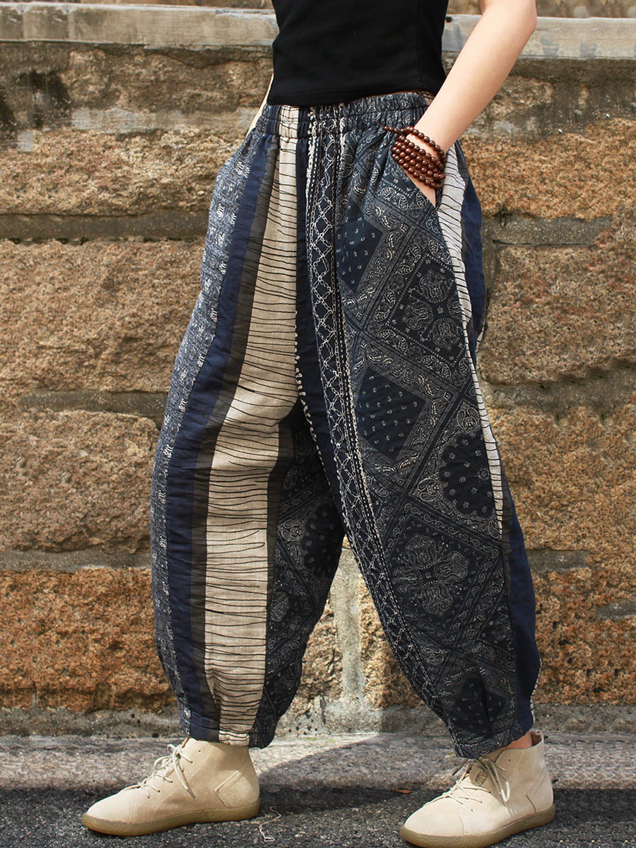 Pantaloni larghi in cotone retrò con giunture da donna