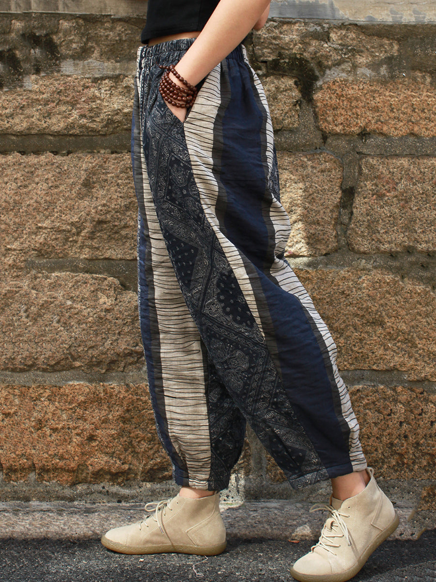 Pantaloni larghi in cotone retrò con giunture da donna