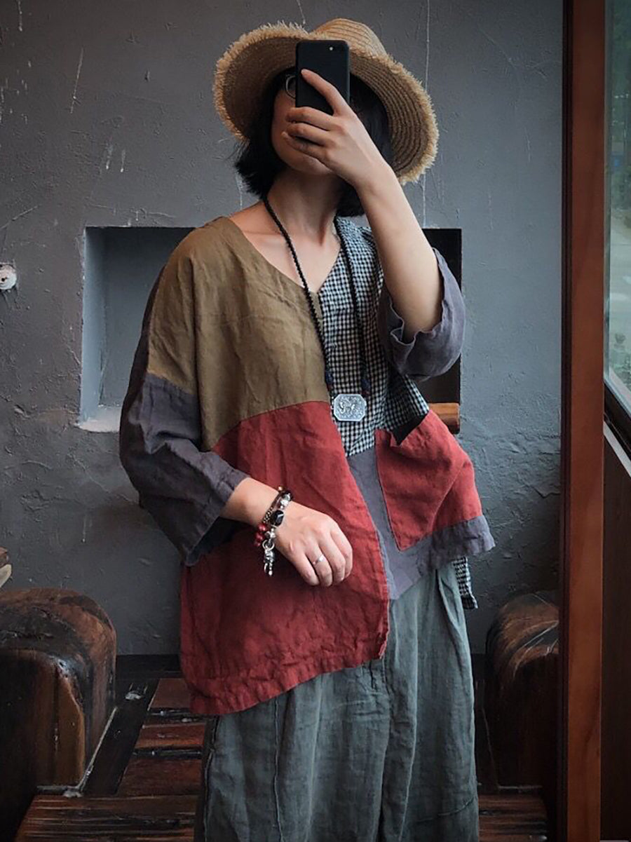 Camicia da donna in lino con toppa retrò, tasca con giunture irregolari e ampia