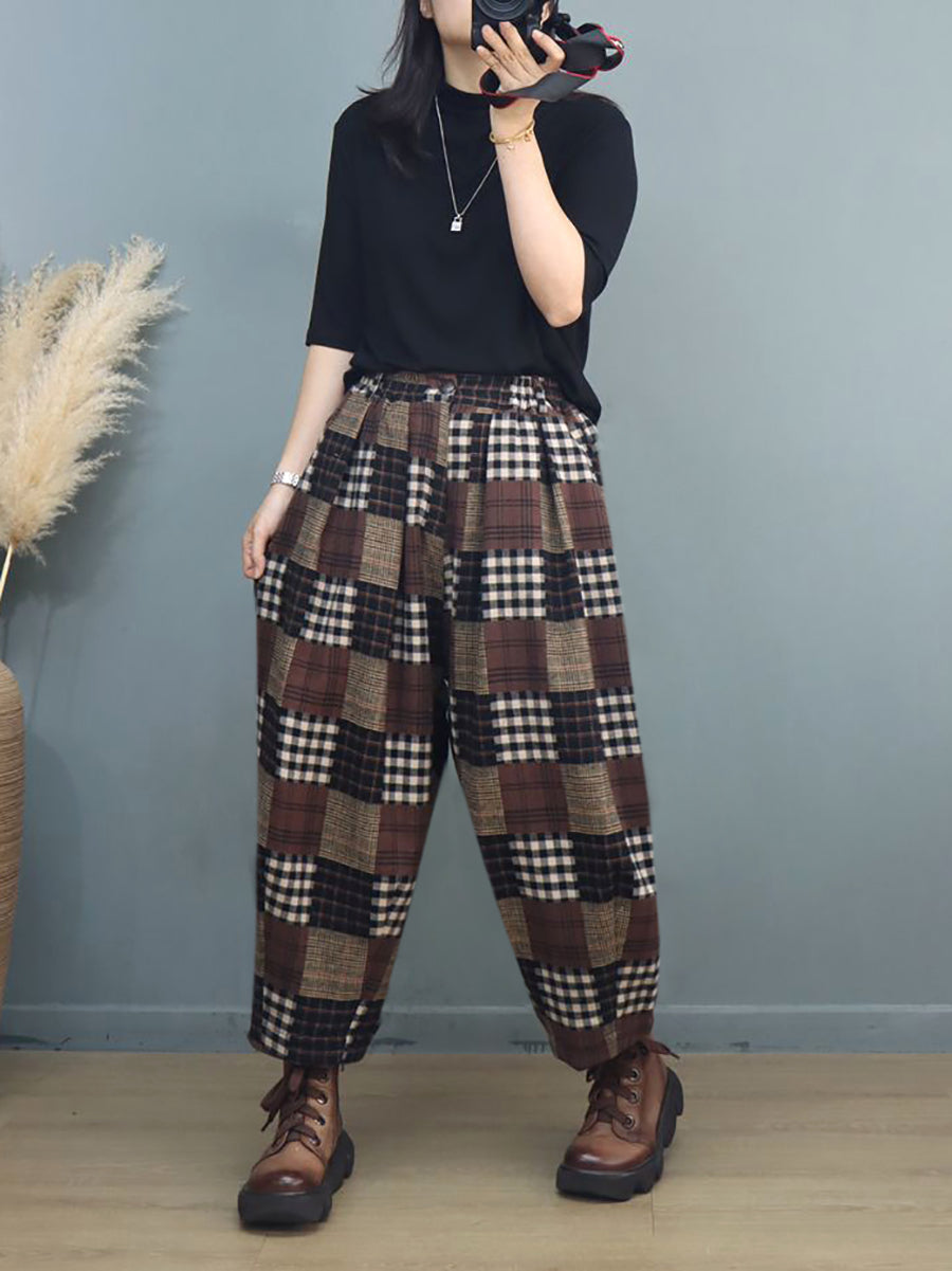Pantaloni harem a quadri vintage autunnali da donna