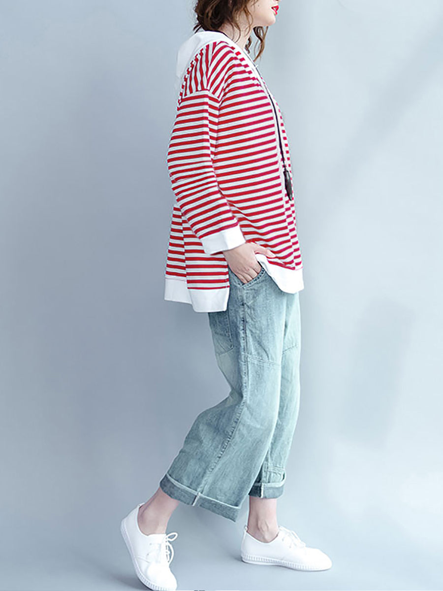 Maglietta rossa con cappuccio a righe casual primaverili da donna