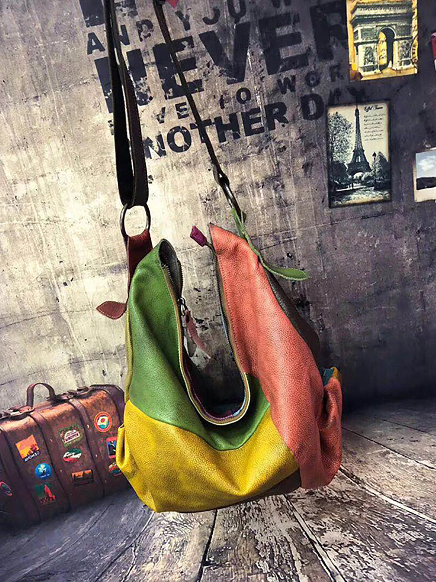 Buykud - Borsa a tracolla in pelle con colori a contrasto retrò