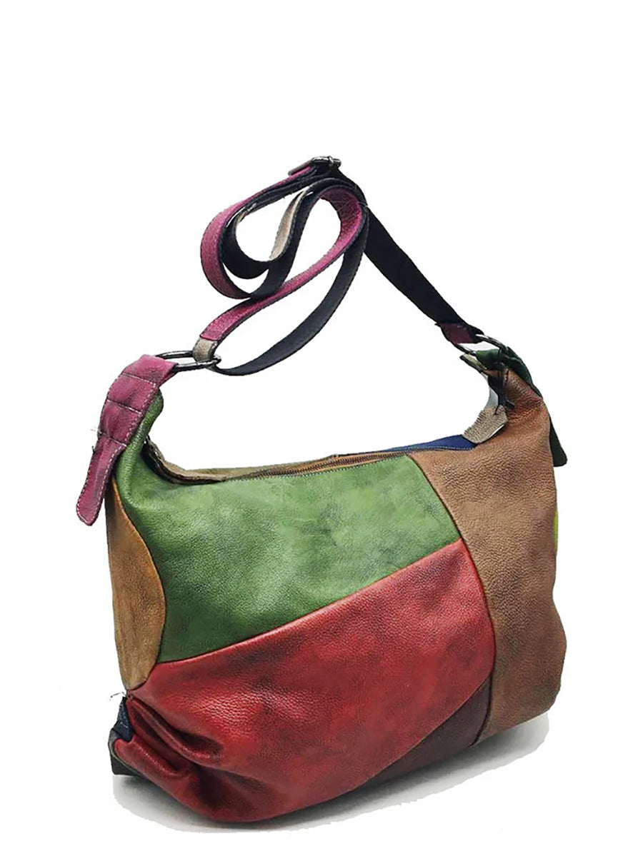 Buykud - Borsa a tracolla in pelle con colori a contrasto retrò