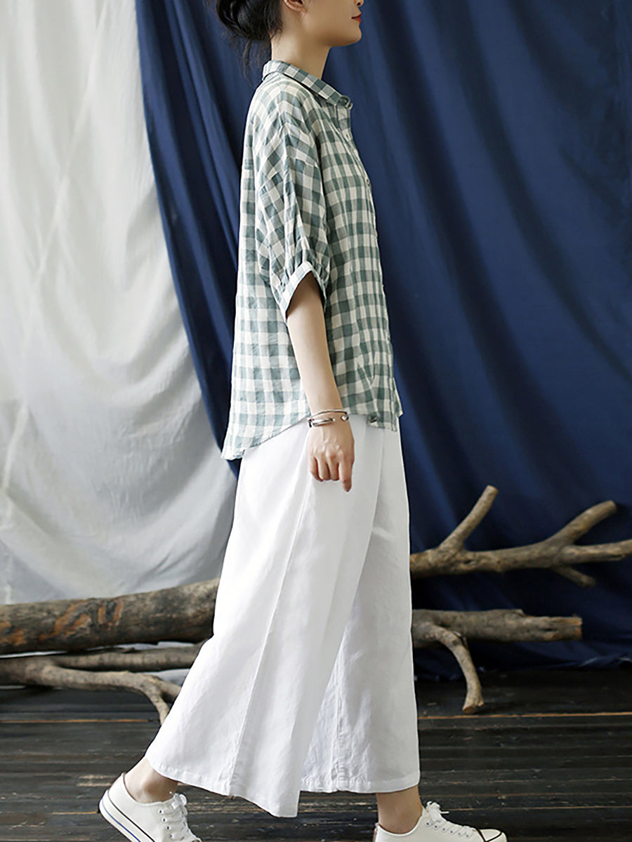 Camicia da donna vintage a quadri estivi in lino