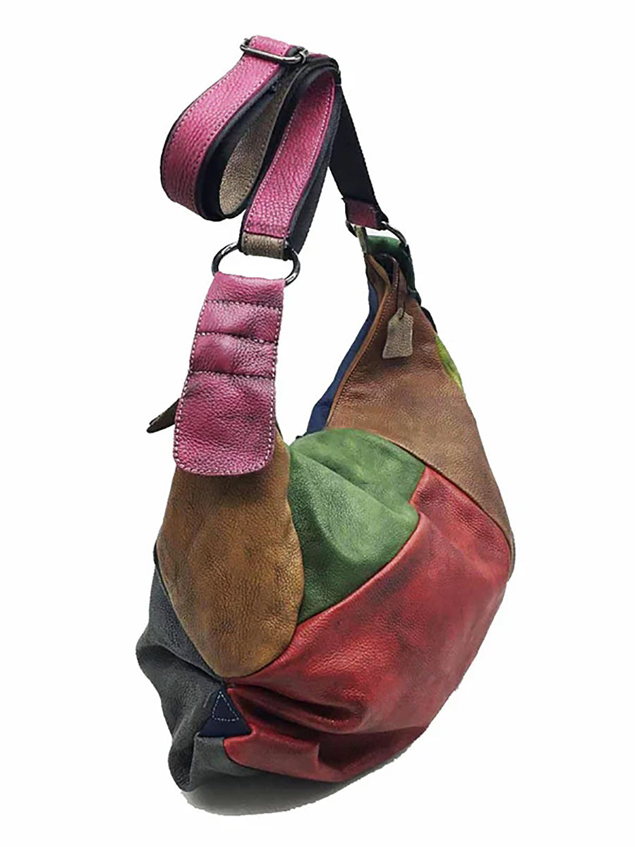 Buykud - Borsa a tracolla in pelle con colori a contrasto retrò