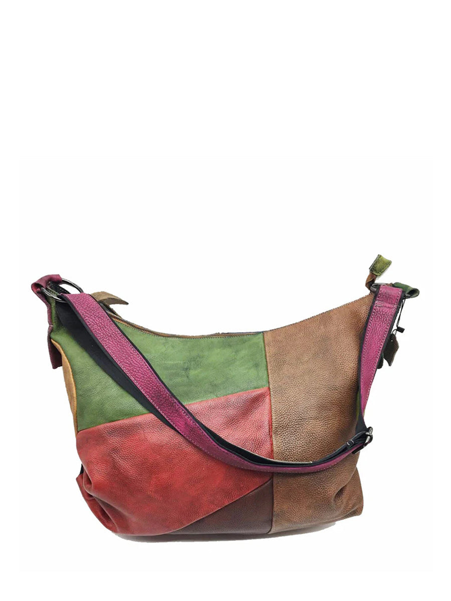 Buykud - Borsa a tracolla in pelle con colori a contrasto retrò