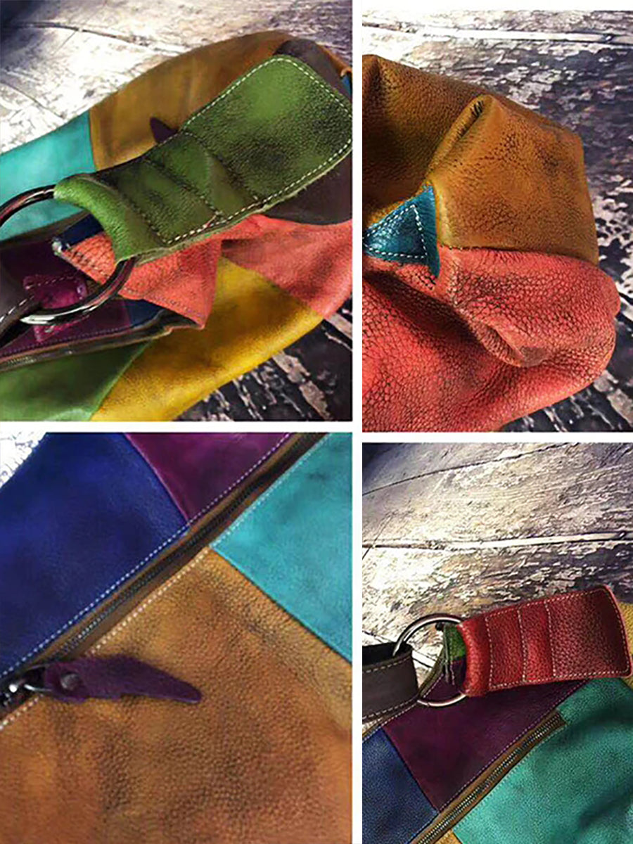 Buykud - Borsa a tracolla in pelle con colori a contrasto retrò