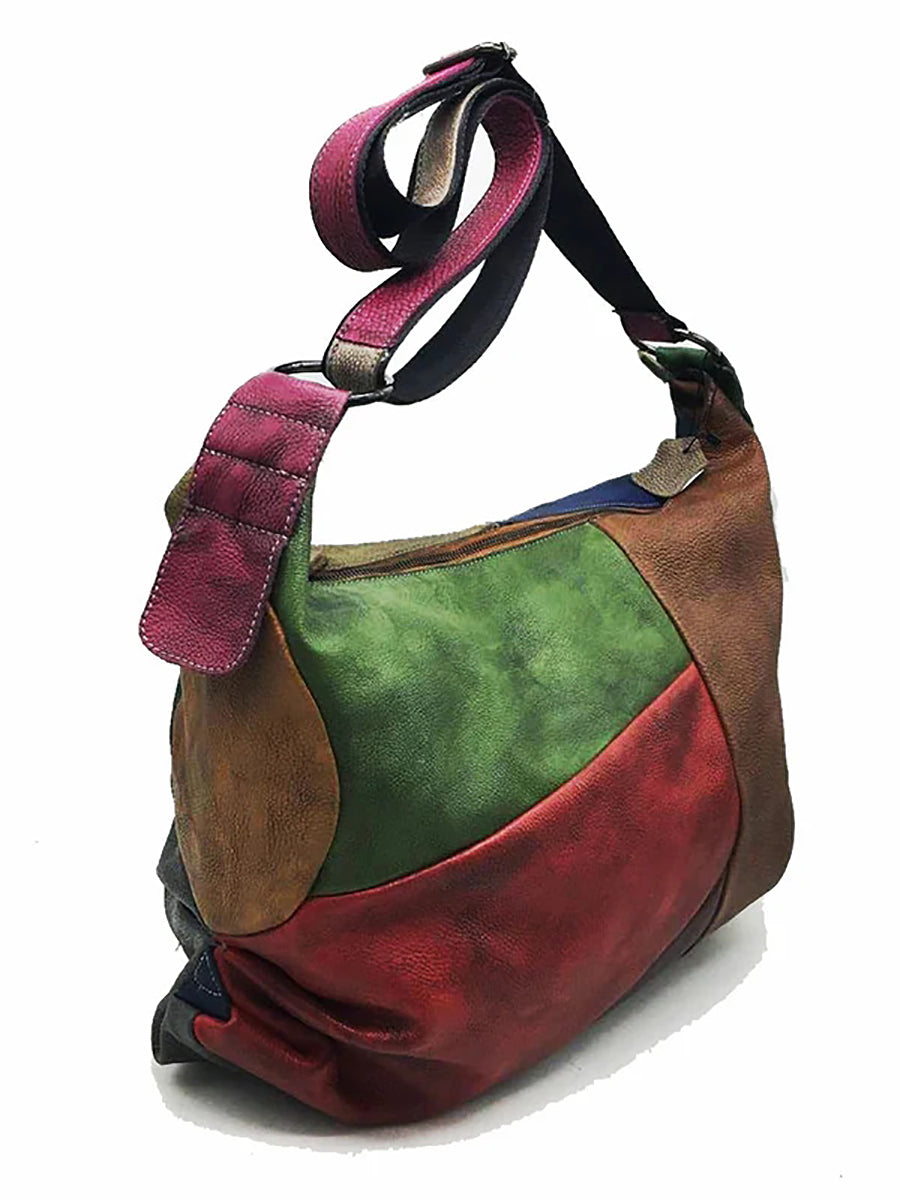 Buykud - Borsa a tracolla in pelle con colori a contrasto retrò
