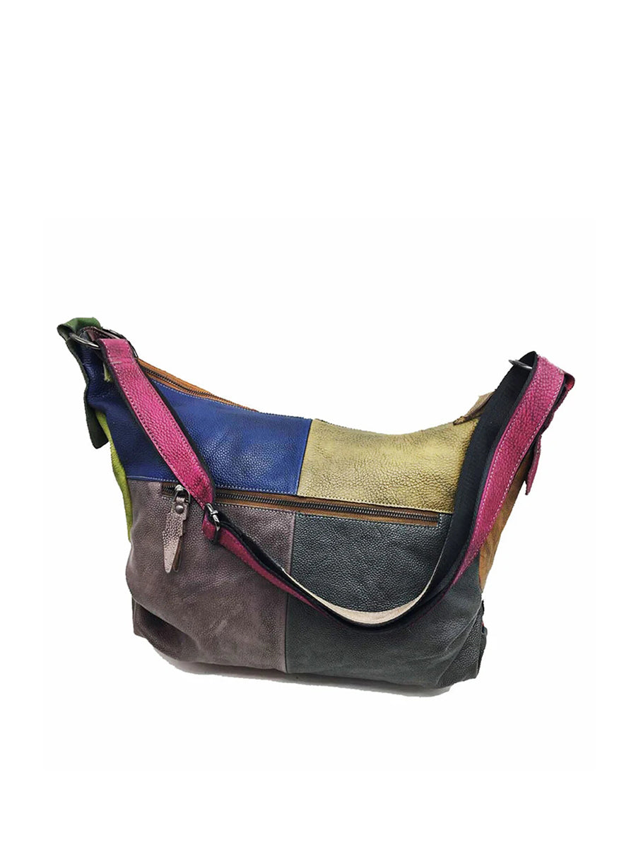 Buykud - Borsa a tracolla in pelle con colori a contrasto retrò