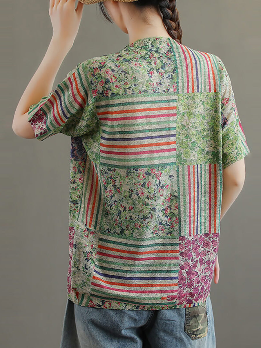 Maglietta da donna in cotone con cuciture floreali lavorate a maglia