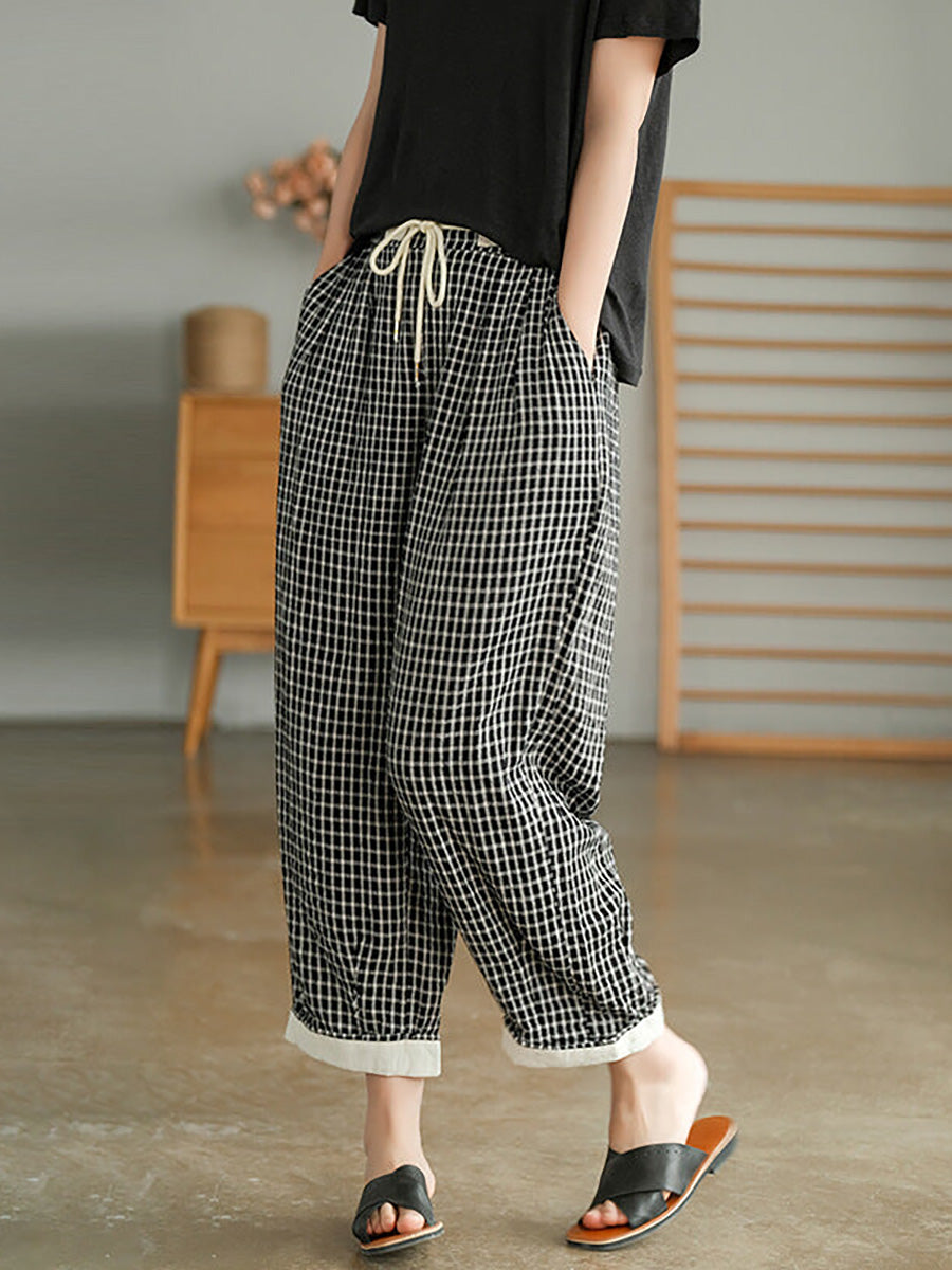 Pantaloni casual da donna con coulisse e tasca a quadri