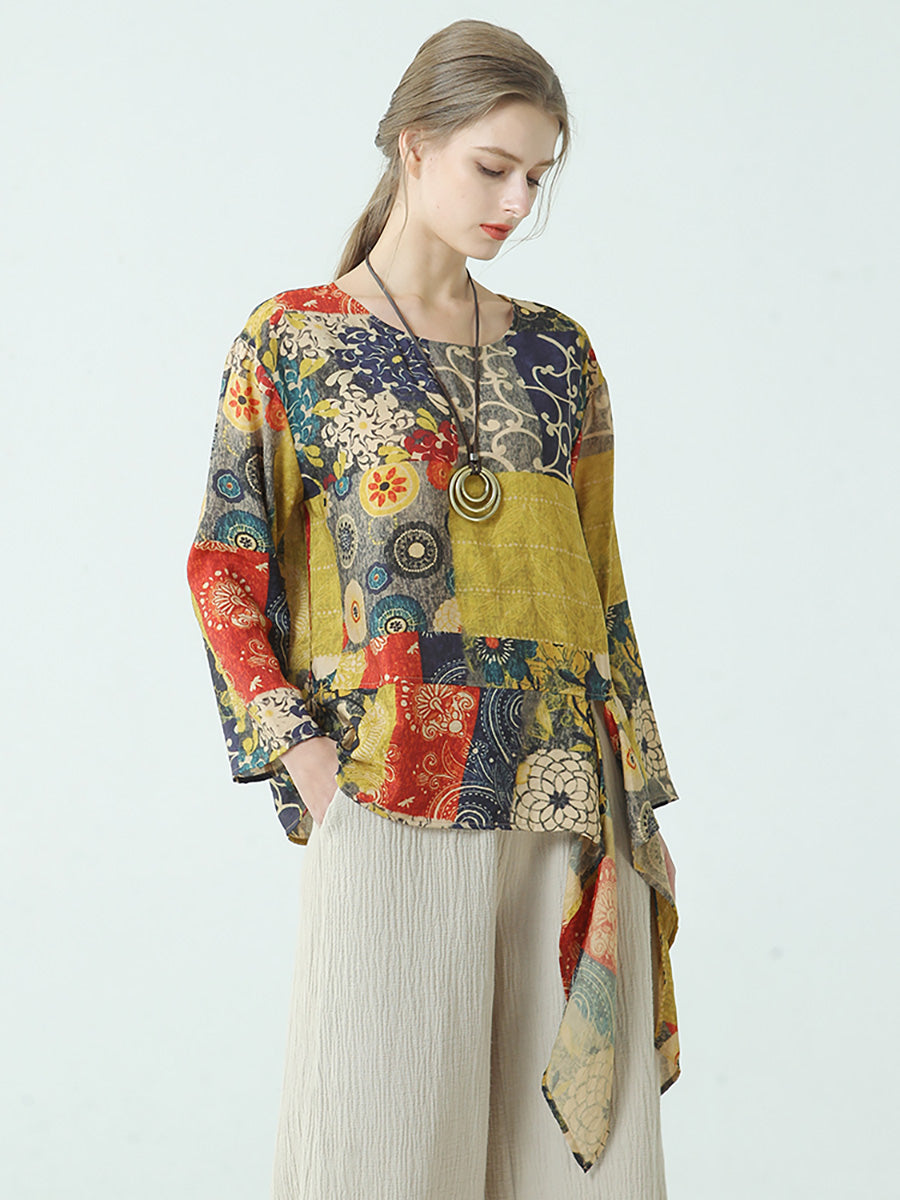 Maglietta a maniche lunghe in cotone con cinturino e stampe da donna M2XL